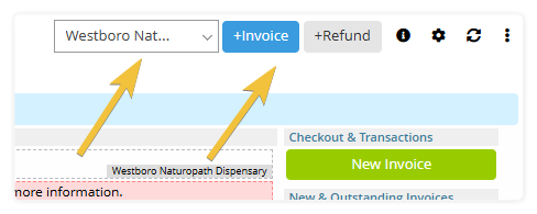 How to create a blank invoice or blank refund from the Daily Express Checkout dashboard card. - Shows the top-right portion of the Daily Express dashboard card with the Invoice and Refund button as well as the Dispensary Selection dropdown.
